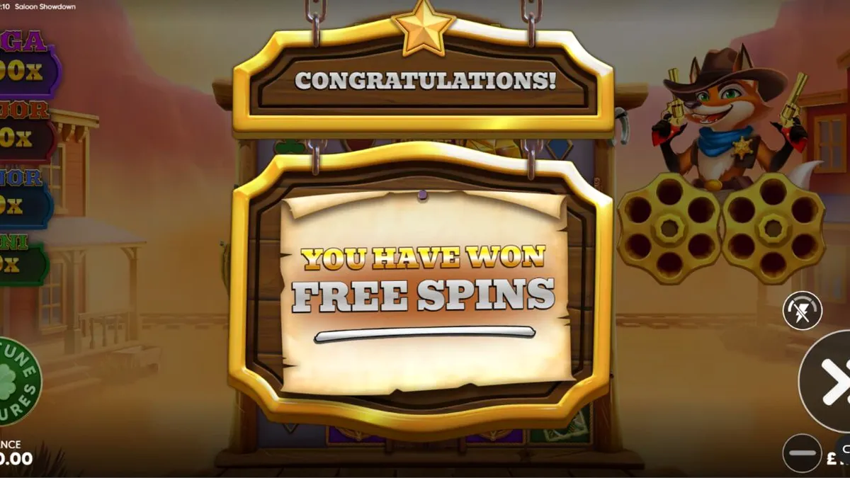 Sheriff rubah yang berani di depan latar belakang kota Wild West dalam Saloon Showdown 10,000x