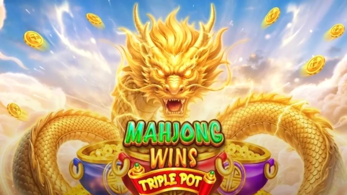 Tampilan visual slot Mahjong Wins Triple Pot dengan simbol naga dan ubin mahjong emas.